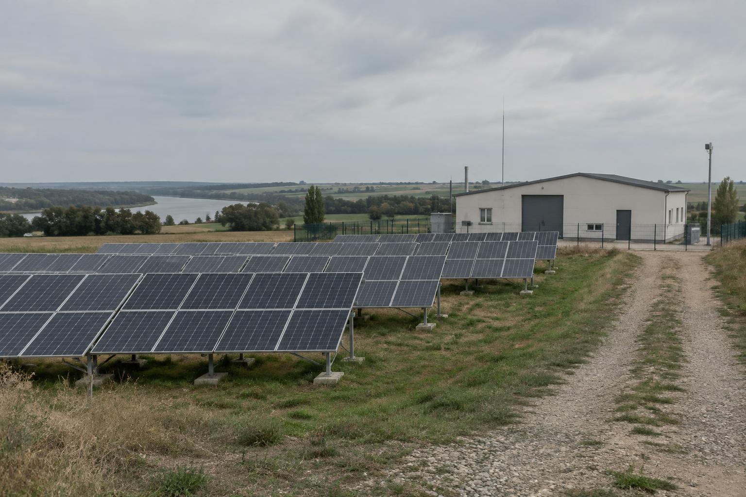 Solar panels and a utility building in a Moldovan landscape