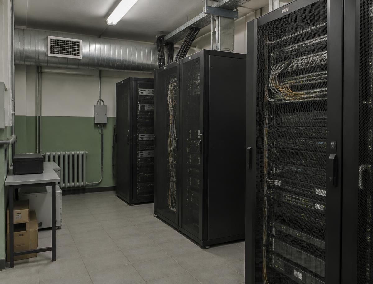 Server room with equipment racks and ventilation